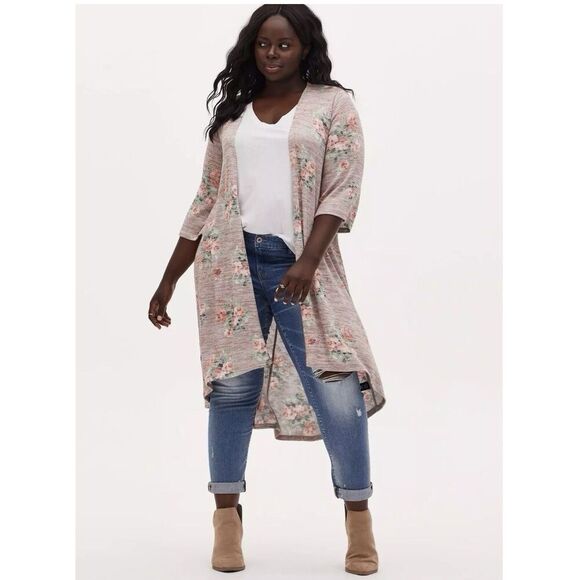 Torrid Floral Kimono Duster Open Cardigan Size M/L 00 Hi Low Coverup Boho Hippie - Picture 1 of 11
